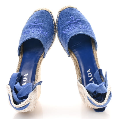 Prada Linen Logo Espadrille 90mm Wedge Sandals 39 Azzurro 2 of 9