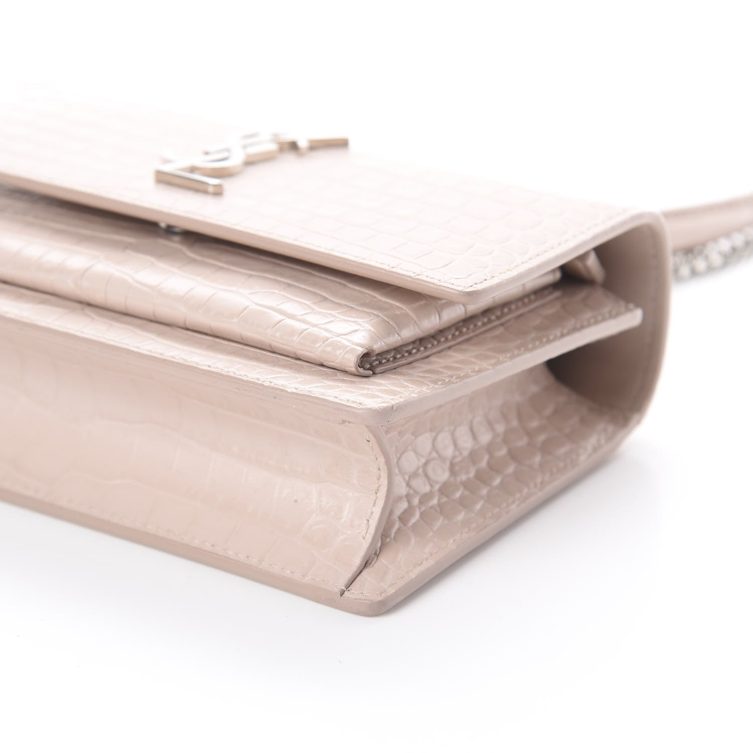Saint Laurent Calfskin Crocodile Embossed Monogram Sunset Chain Wallet Marble Pink 11 of 13