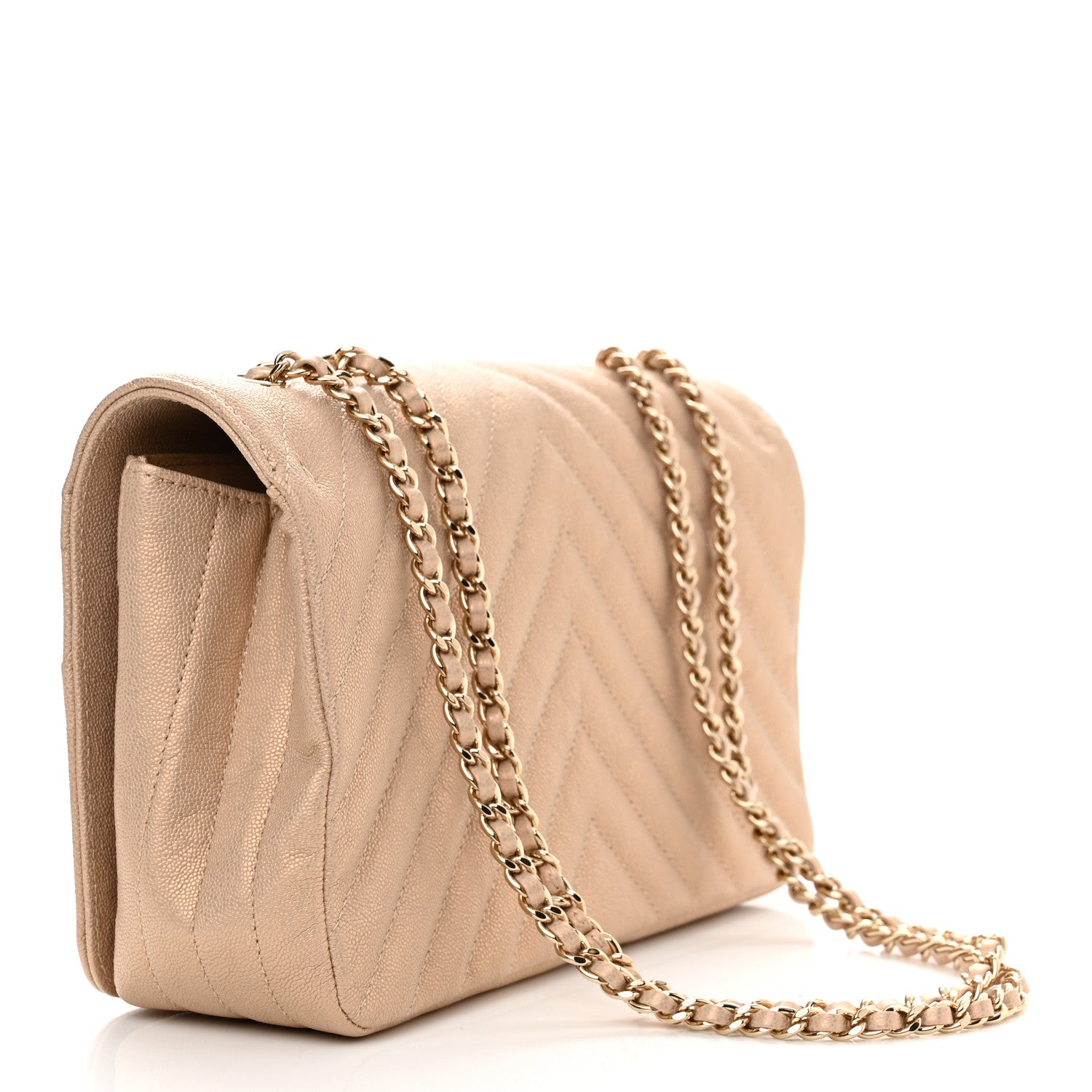 Chanel Metallic Caviar Chevron Quilted Medium Statement Flap Beige 3 of 10