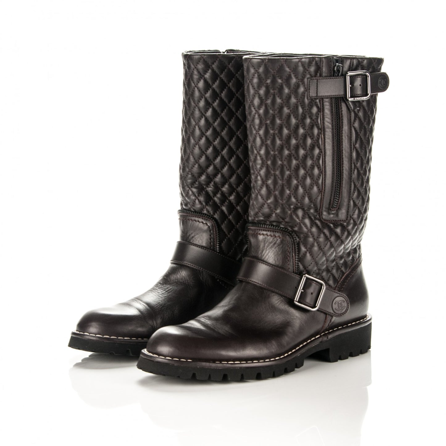 Calfskin Quilted Biker Boots 40 Dark Brown