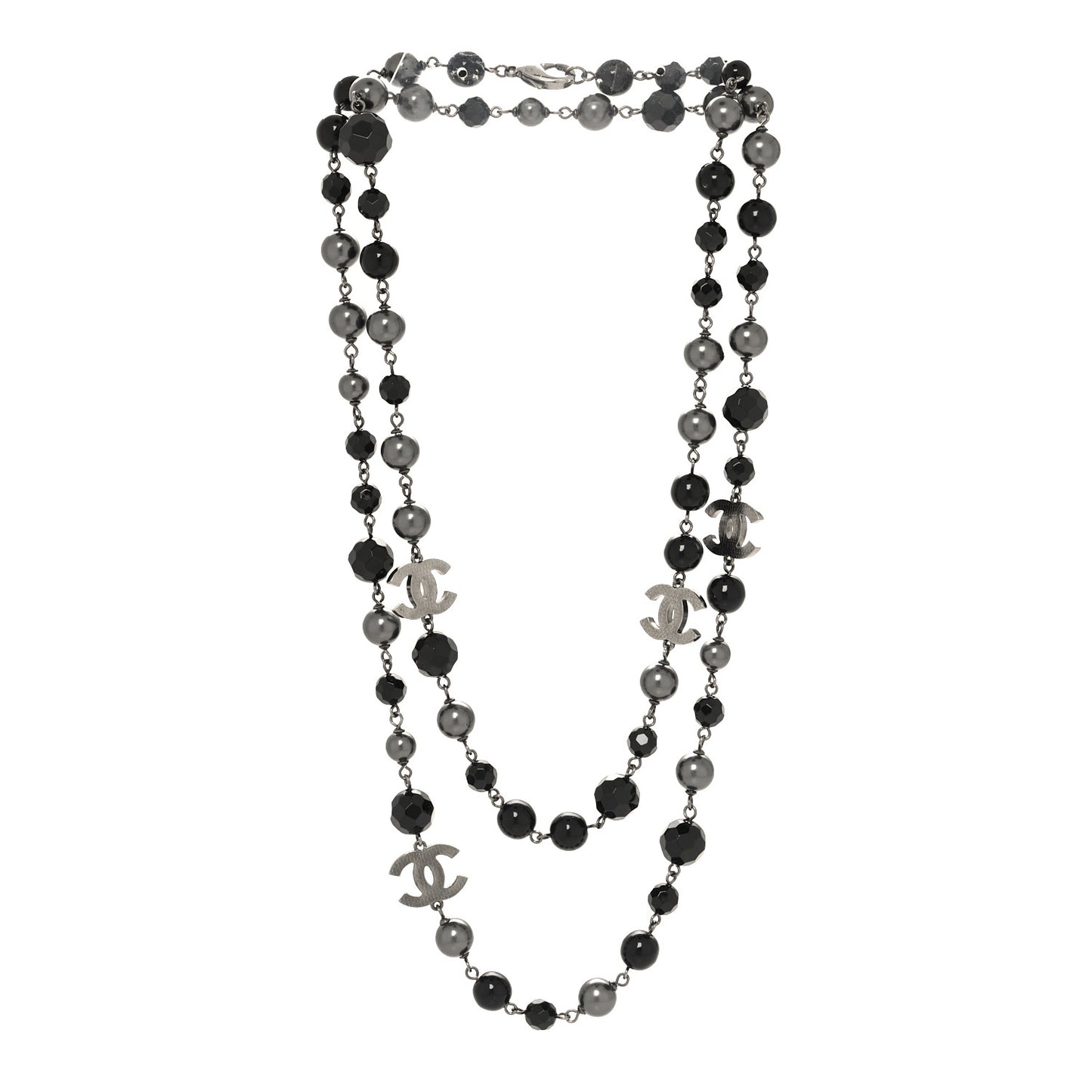 Ruthenium Pearl Beaded CC Long Necklace Black