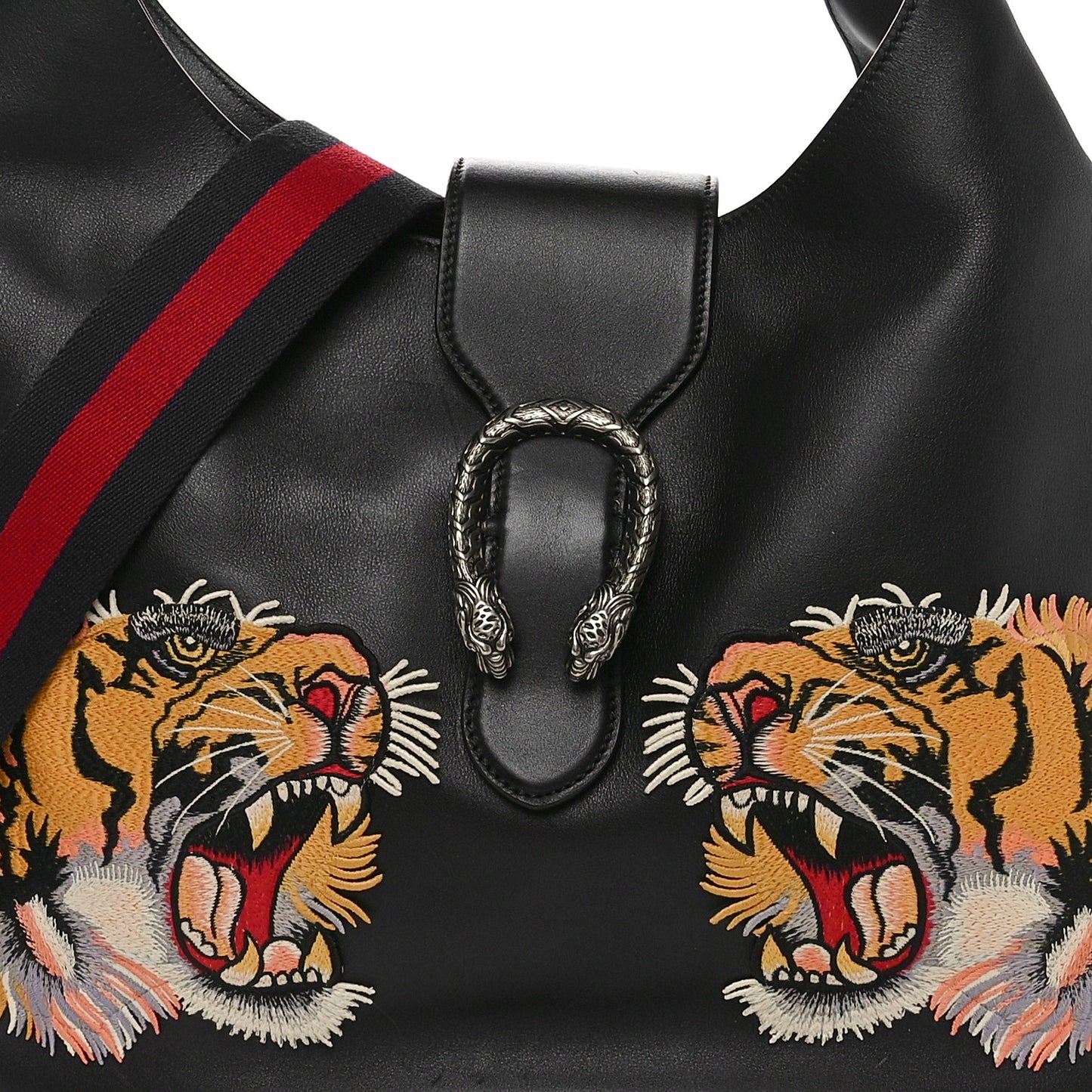 Calfskin Web Tiger Embroidered Large Dionysus Hobo Black