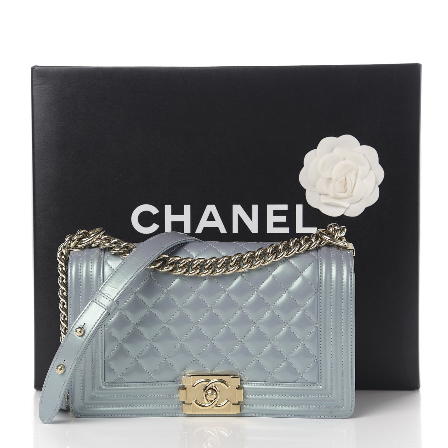 Iridescent Patent Calfskin Quilted Medium Boy Flap Light Blue