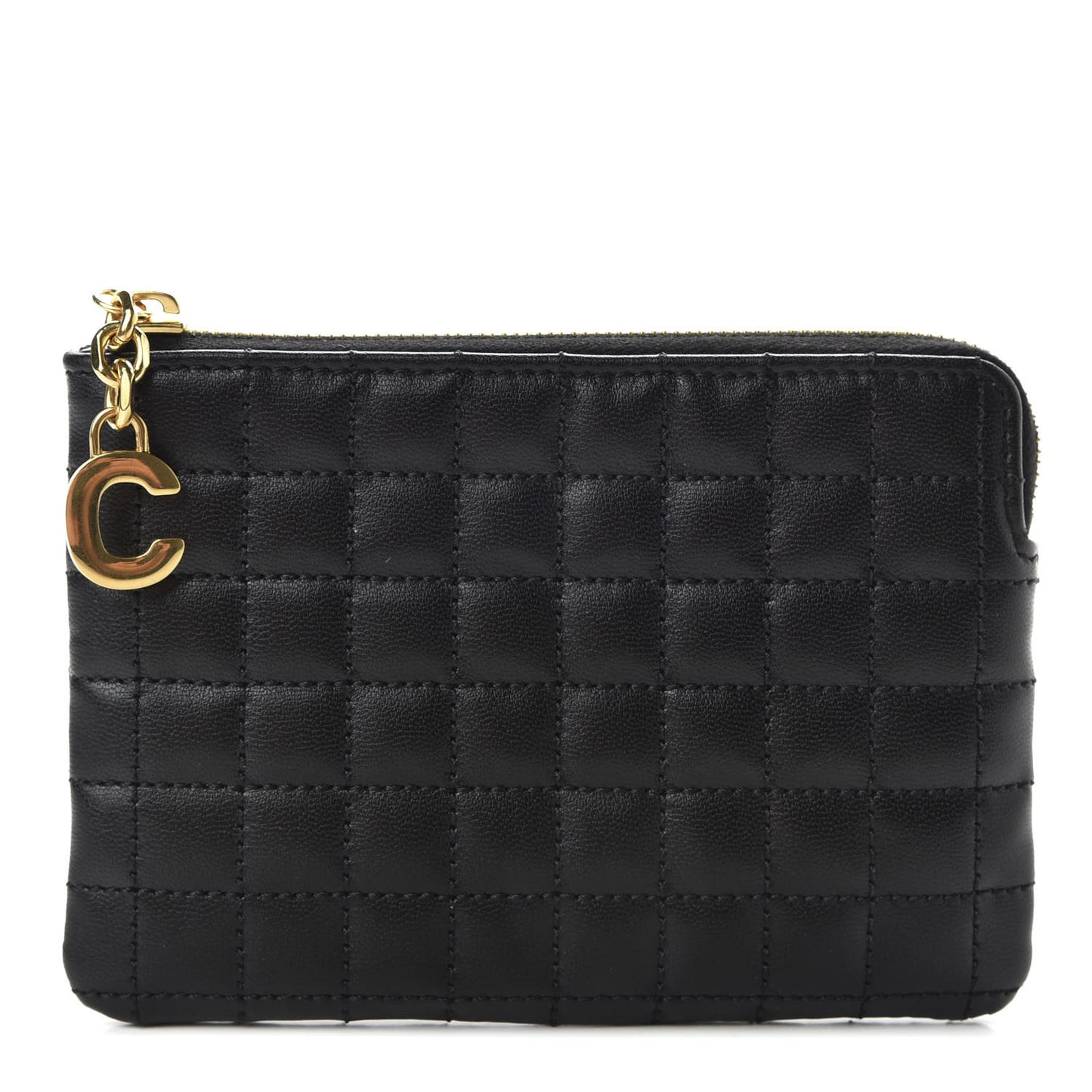Calfskin Quilted C Charm Coin Card Pouch Black