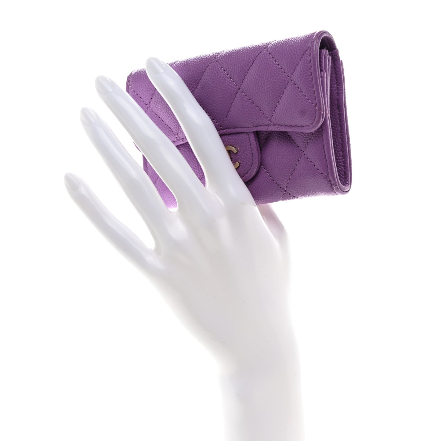 Caviar Quilted Flap Card Holder Wallet Purple
