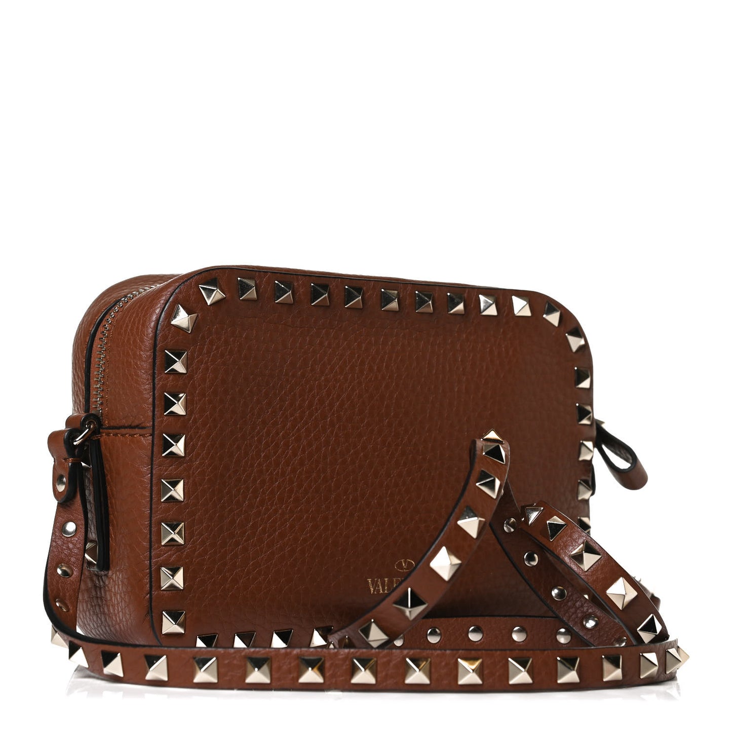 Pebbled Calfskin Rockstud Camera Crossbody Bag Tan