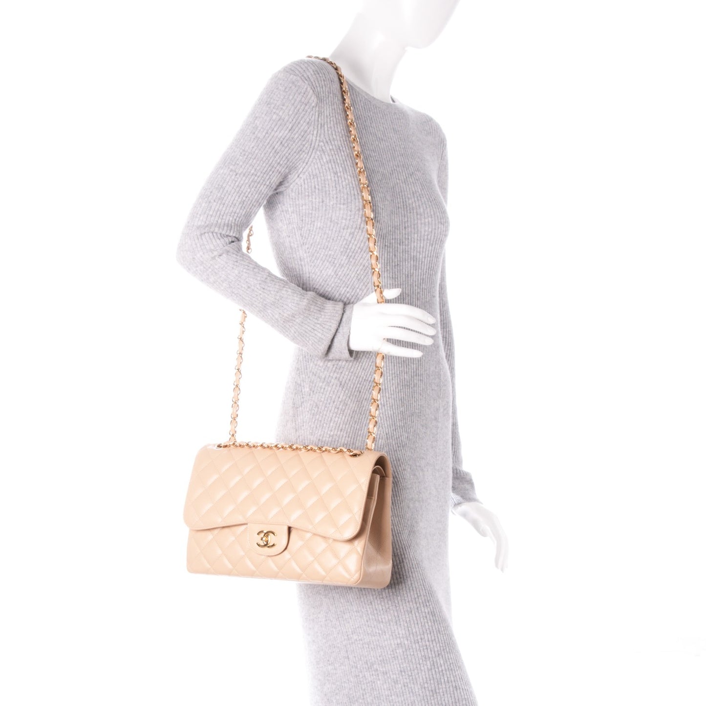 Caviar Quilted Jumbo Double Flap Beige Clair