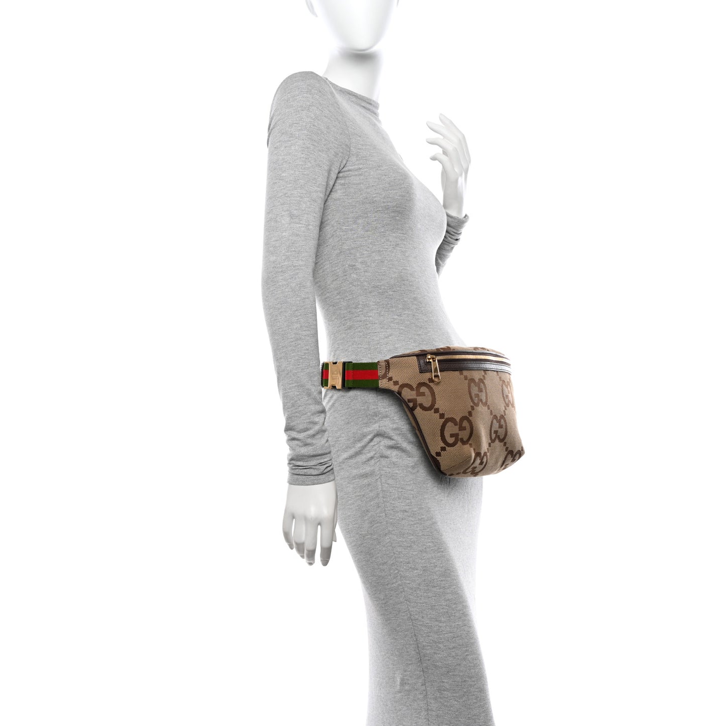 Monogram Jumbo GG Textured Dollar Calfskin Web Belt Bag Camel Ebony New Acero
