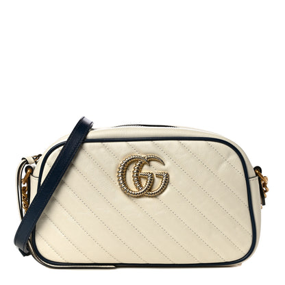 Gucci Vintage Effect Calfskin Matelasse Diagonal Small Torchon GG Marmont Chain Shoulder Bag Mystic White Blue Agata 1 of 13