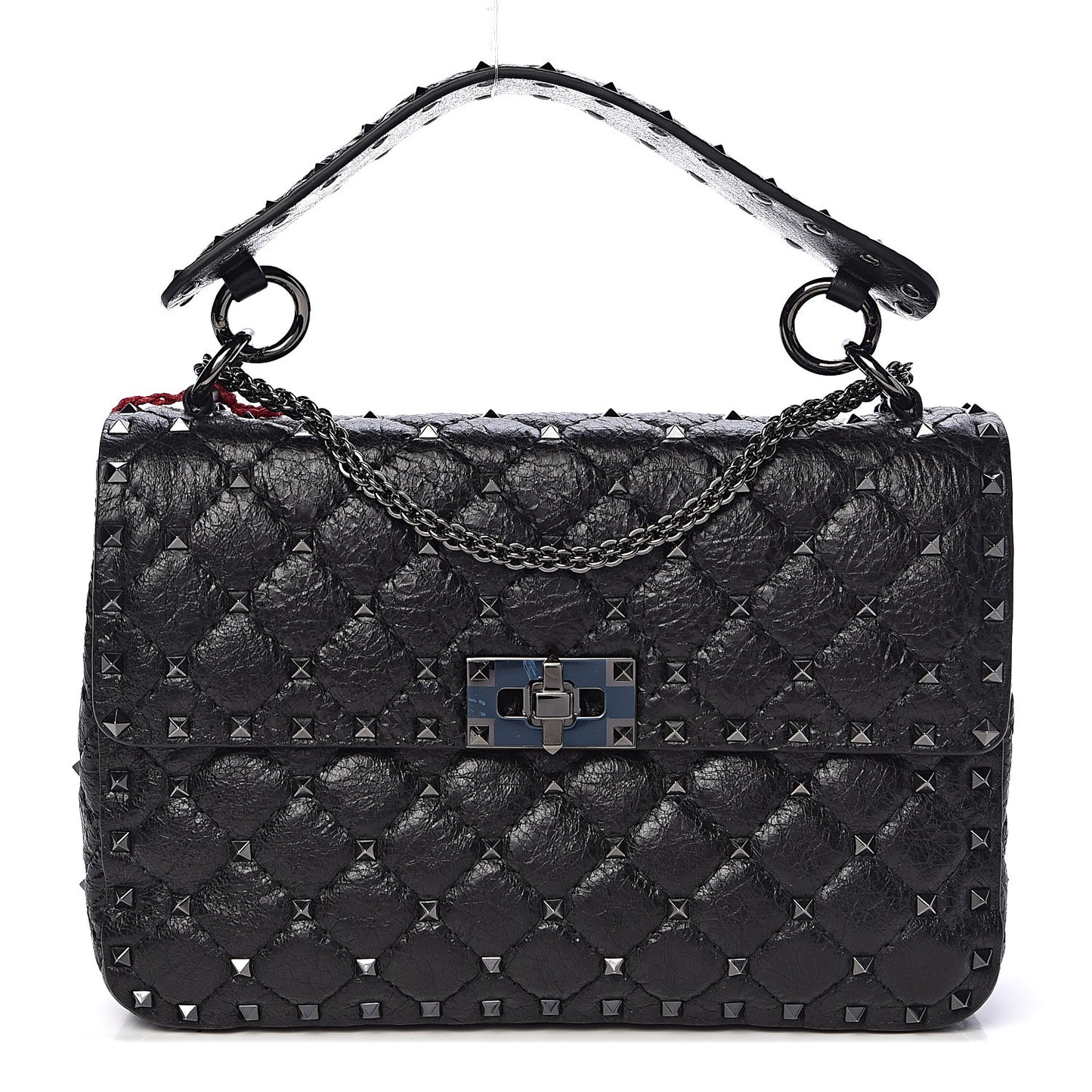 Craquele Nappa Medium Rockstud Spike Shoulder Bag Black
