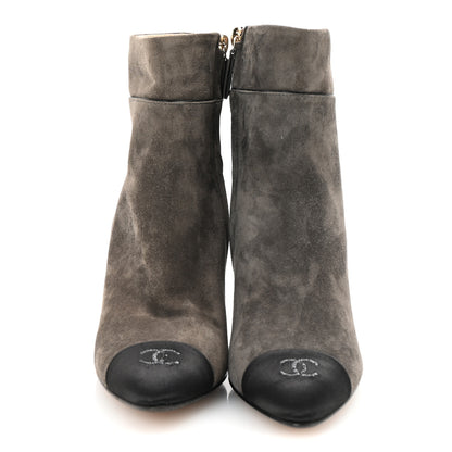 Chanel Suede Calfskin Satin Cap Toe Short Boots 38 Grey Black 3 of 10