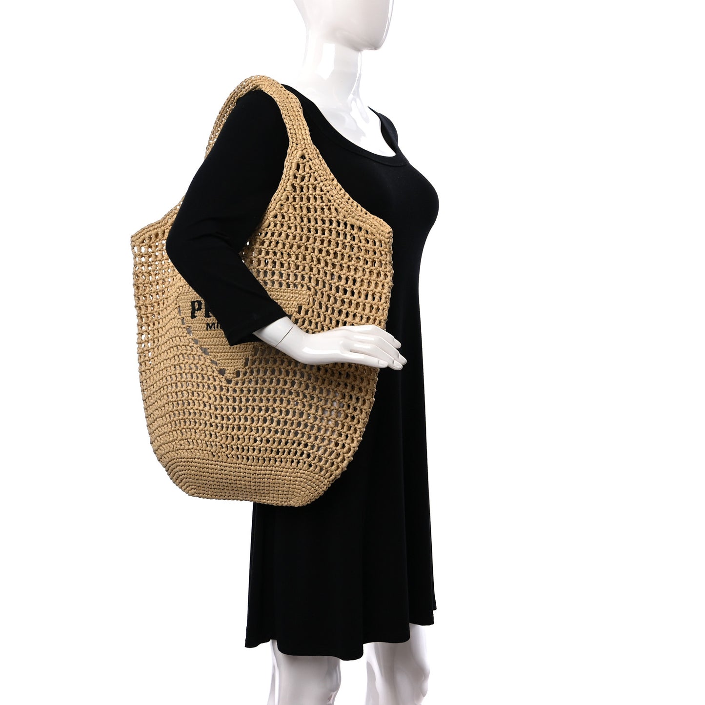 Yarn Raffia Effect Crochet Logo Embroidered Shopping Tote Bag Naturale
