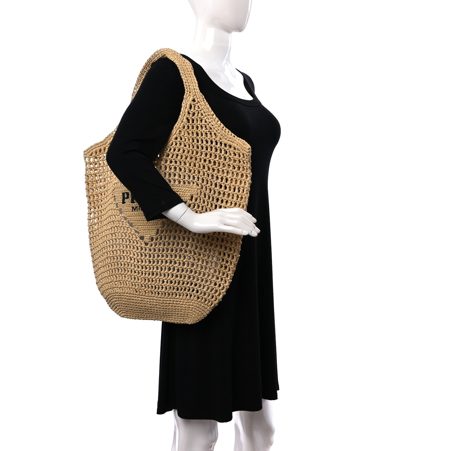 Prada Yarn Raffia Effect Crochet Logo Embroidered Shopping Tote Bag Naturale 2 of 10