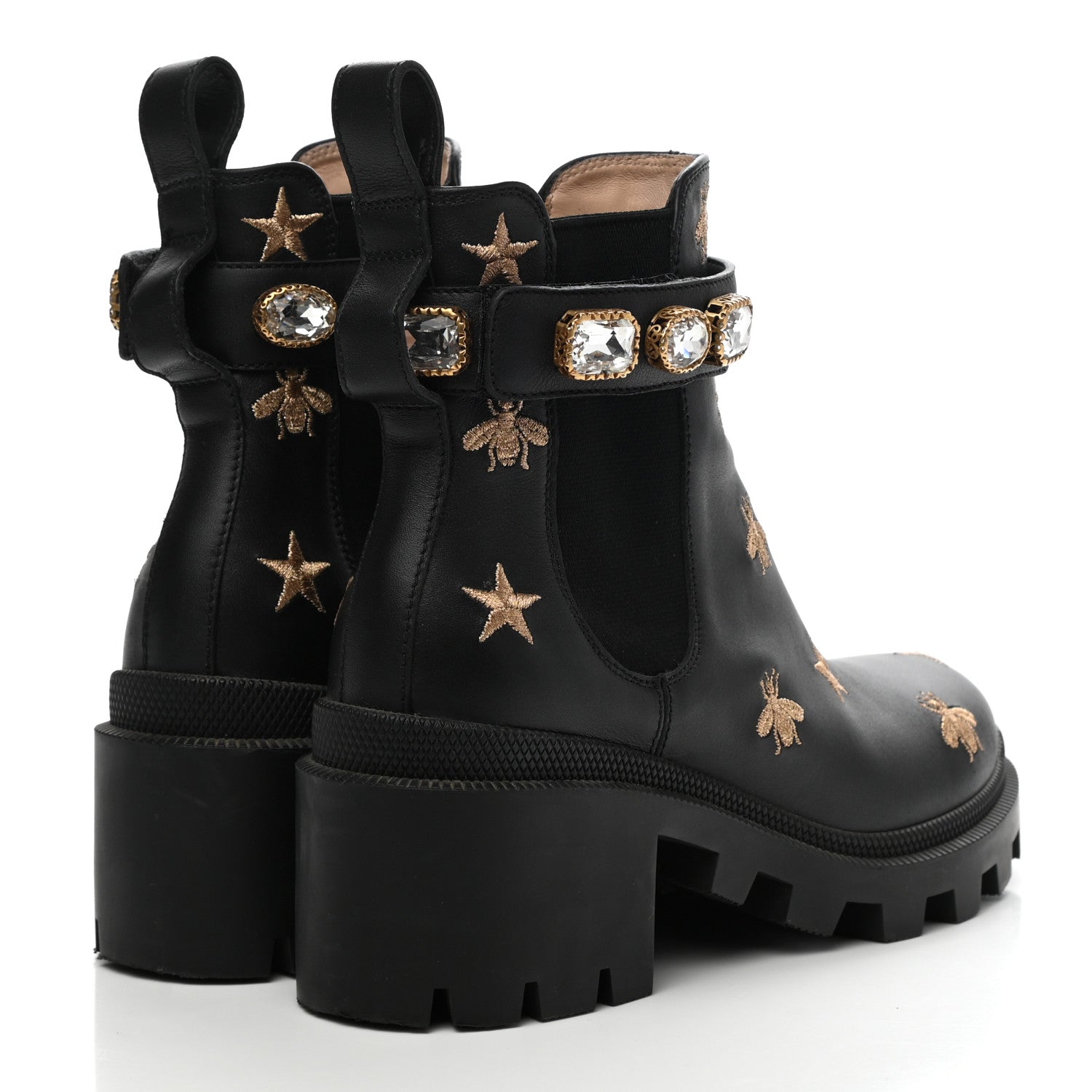 Gucci Calfskin Bee Star Embroidered Belt Ankle Boots 35 Black 4 of 8
