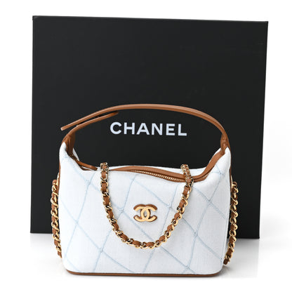 Chanel Denim Calfskin Quilted Coco Beach Top Handle Long Vanity Blue Brown 19 of 19