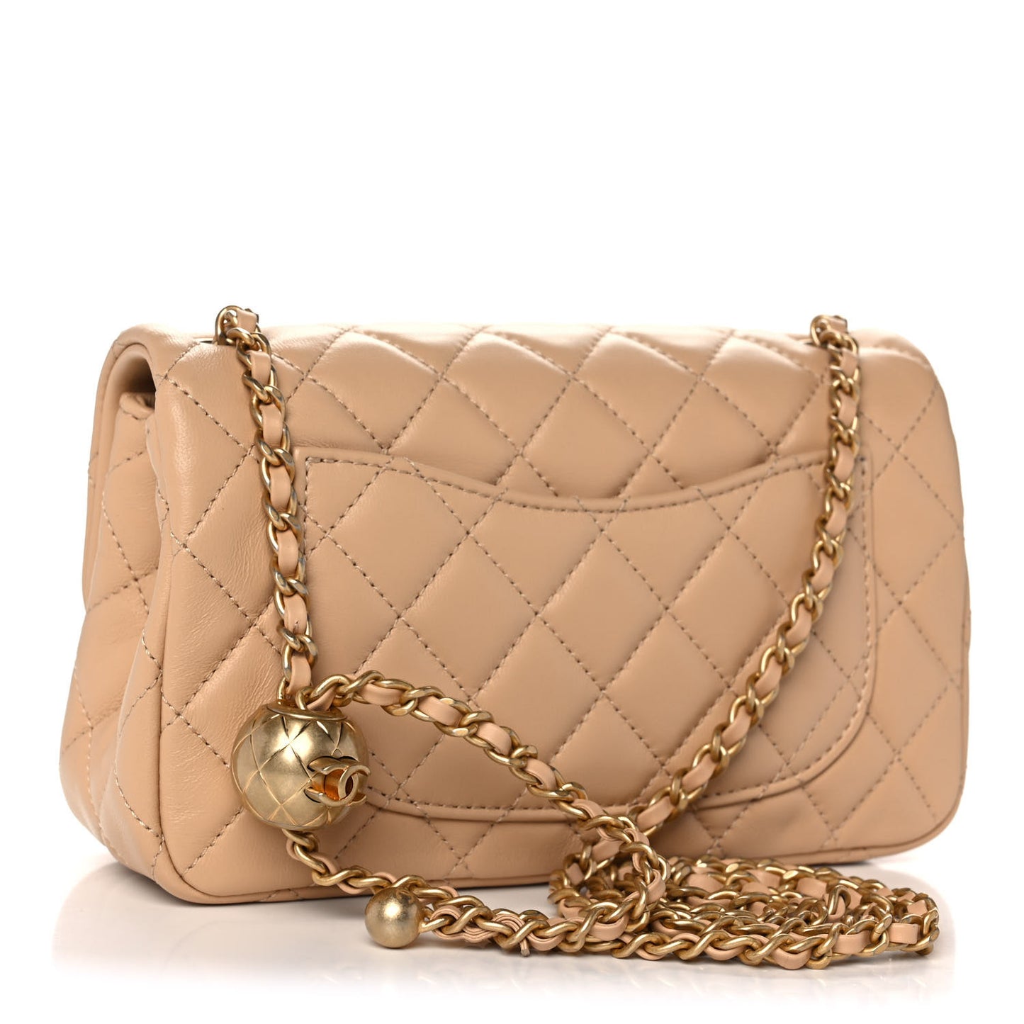 Lambskin Quilted Mini Rectangular Pearl Crush Flap Beige