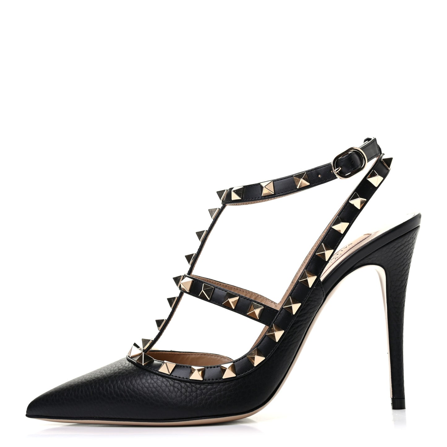 Pebbled Calfskin Rockstud Ankle Strap Pumps 39 Black
