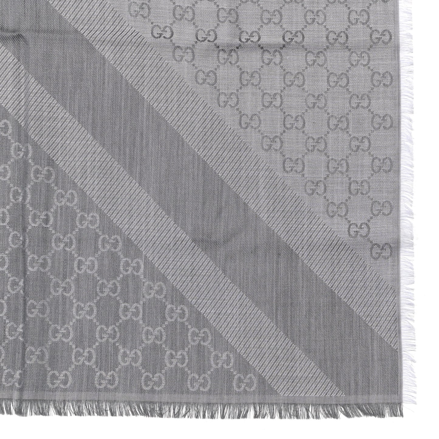 Wool Silk Monogram GGWeb Fringe Shawl Pearl Medium Grey