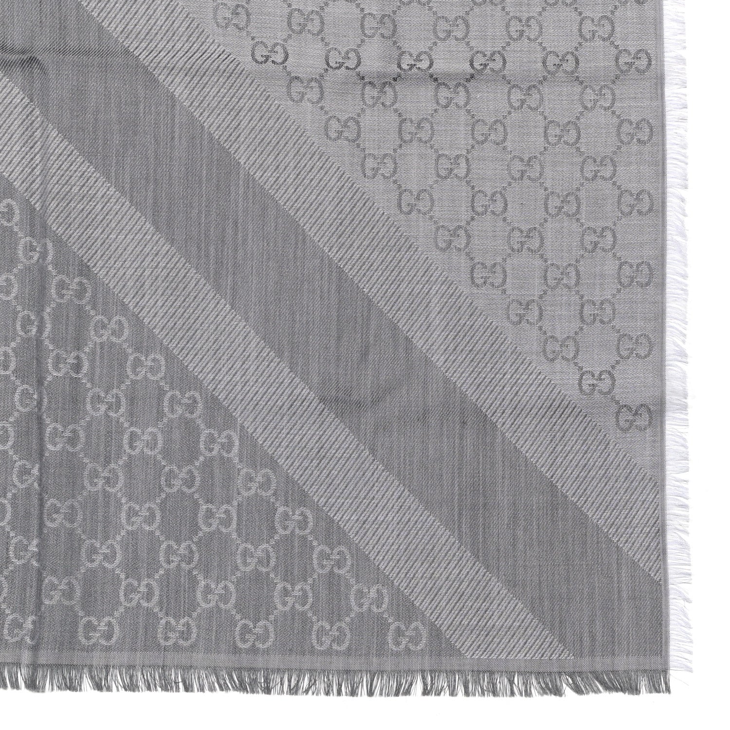 Gucci Wool Silk Monogram GGWeb Fringe Shawl Pearl Medium Grey 2 of 3
