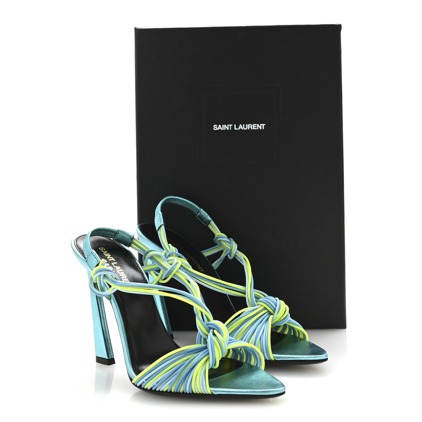 Metallic Calfskin Gippy 105 Sandals 37.5 Cerulean Giallo Fluo