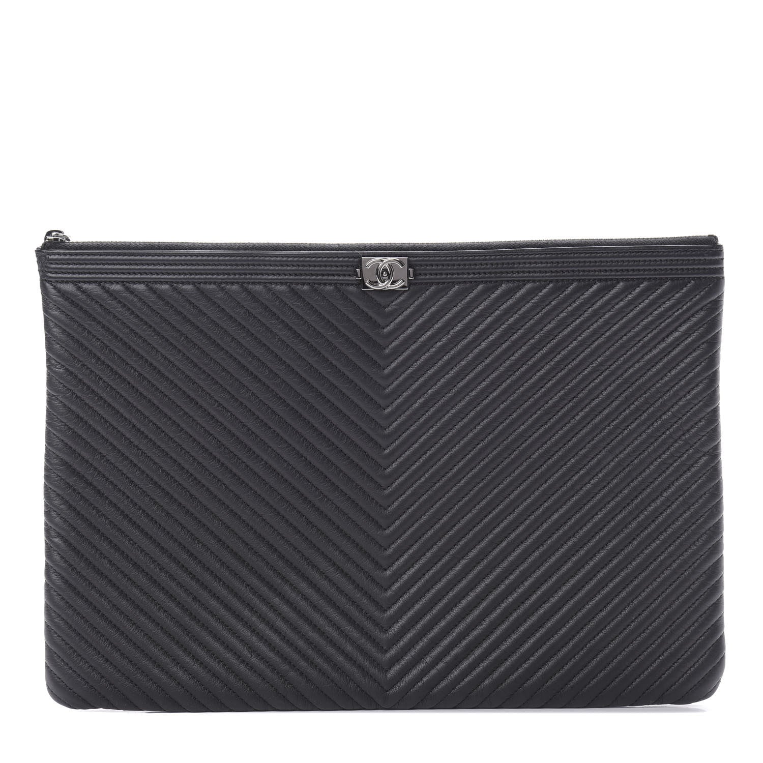 Chanel Calfskin Chevron Quilted Large Boy Cosmetic Case Black 1 of 7