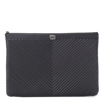 Chanel Calfskin Chevron Quilted Large Boy Cosmetic Case Black 1 of 7