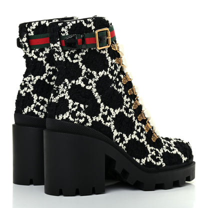 Gucci Tweed GG Monogram Lace Up Combat Ankle Boots 37.5 Black 4 of 9
