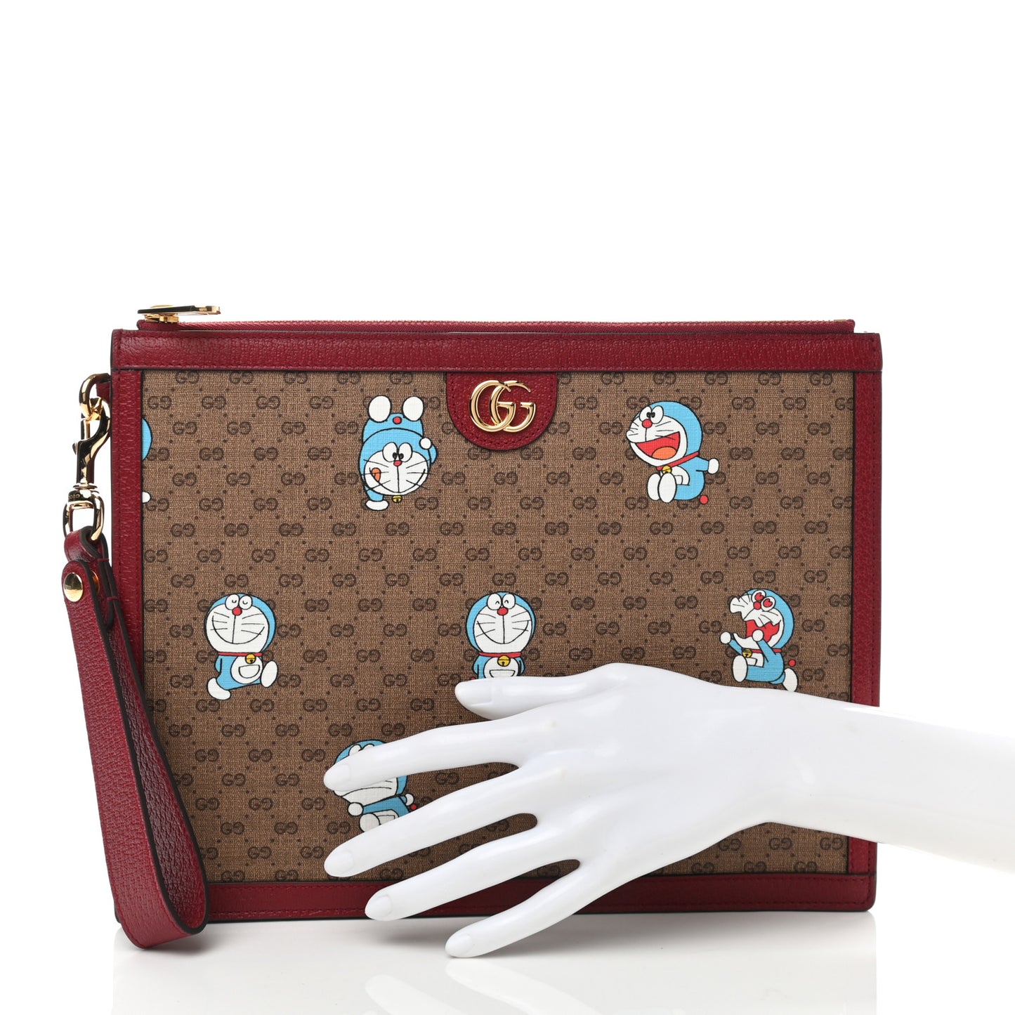 X DORAEMON Mini Vintage GG Supreme Monogram Wristlet Pouch Beige Cherry Red