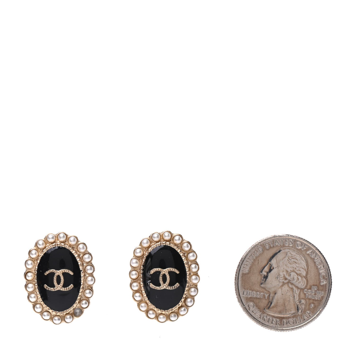Chanel Pearl Enamel CC Oval Earrings Gold Black 2 of 5
