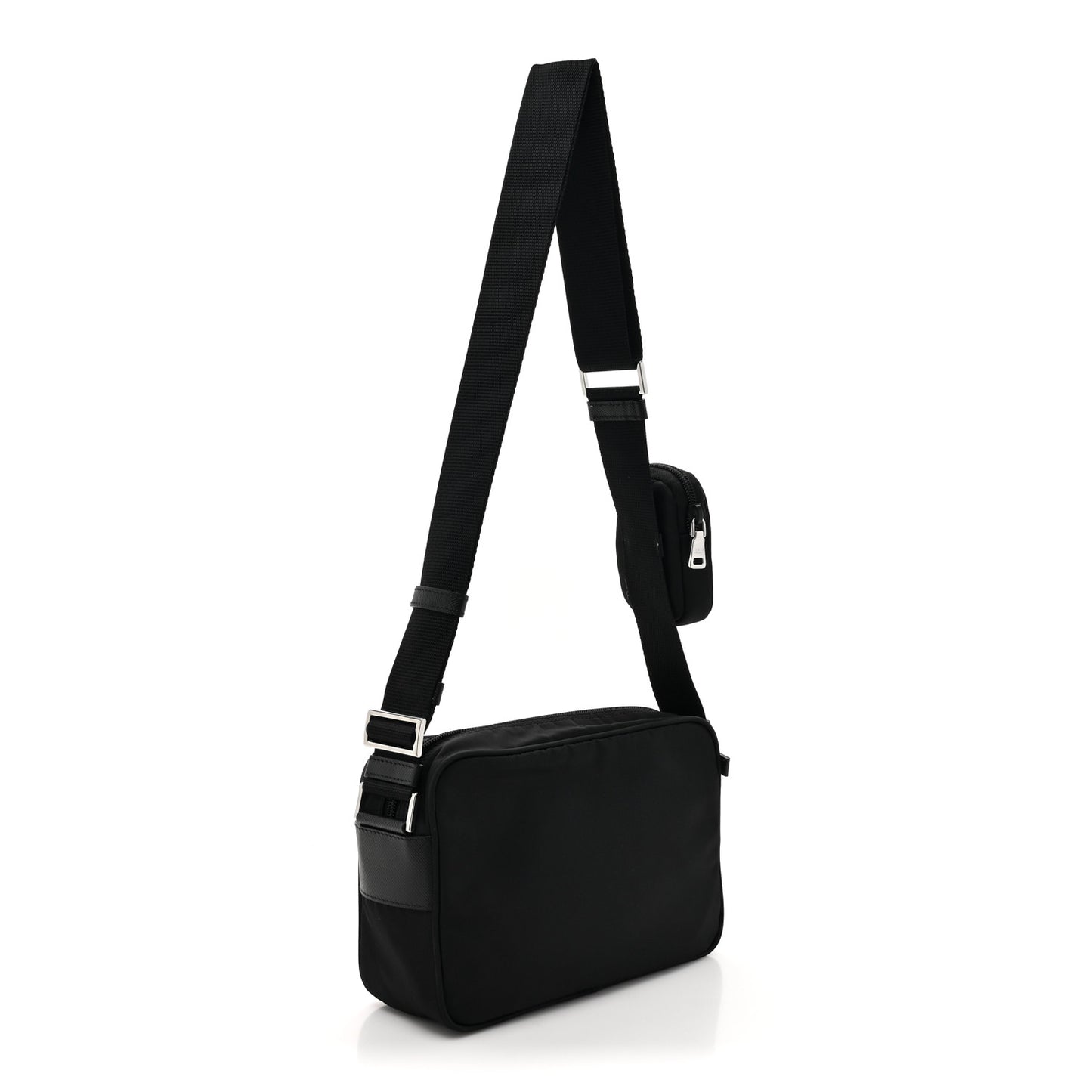 Re-Nylon Vela Saffiano Pocket Double Zip Shoulder Bag Black