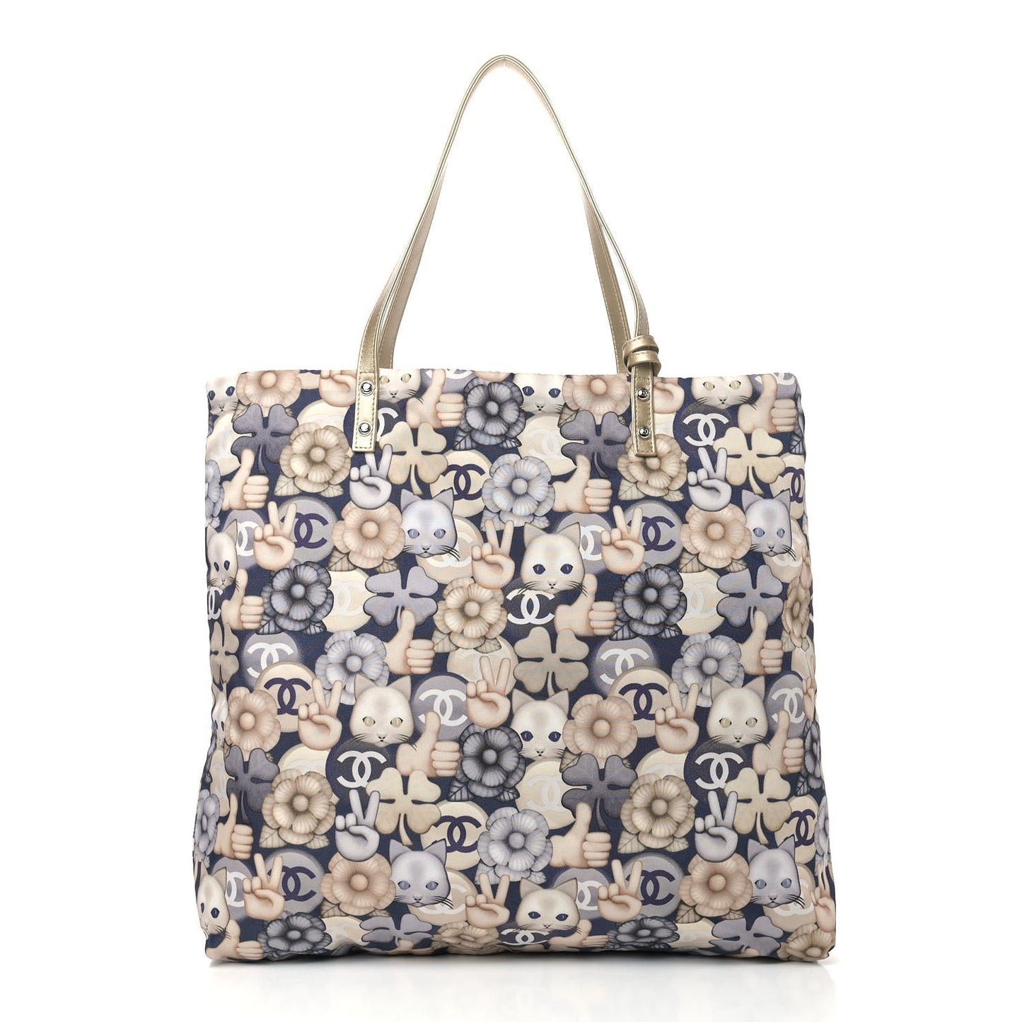 Nylon Cat Emoticon Tote Navy Gold