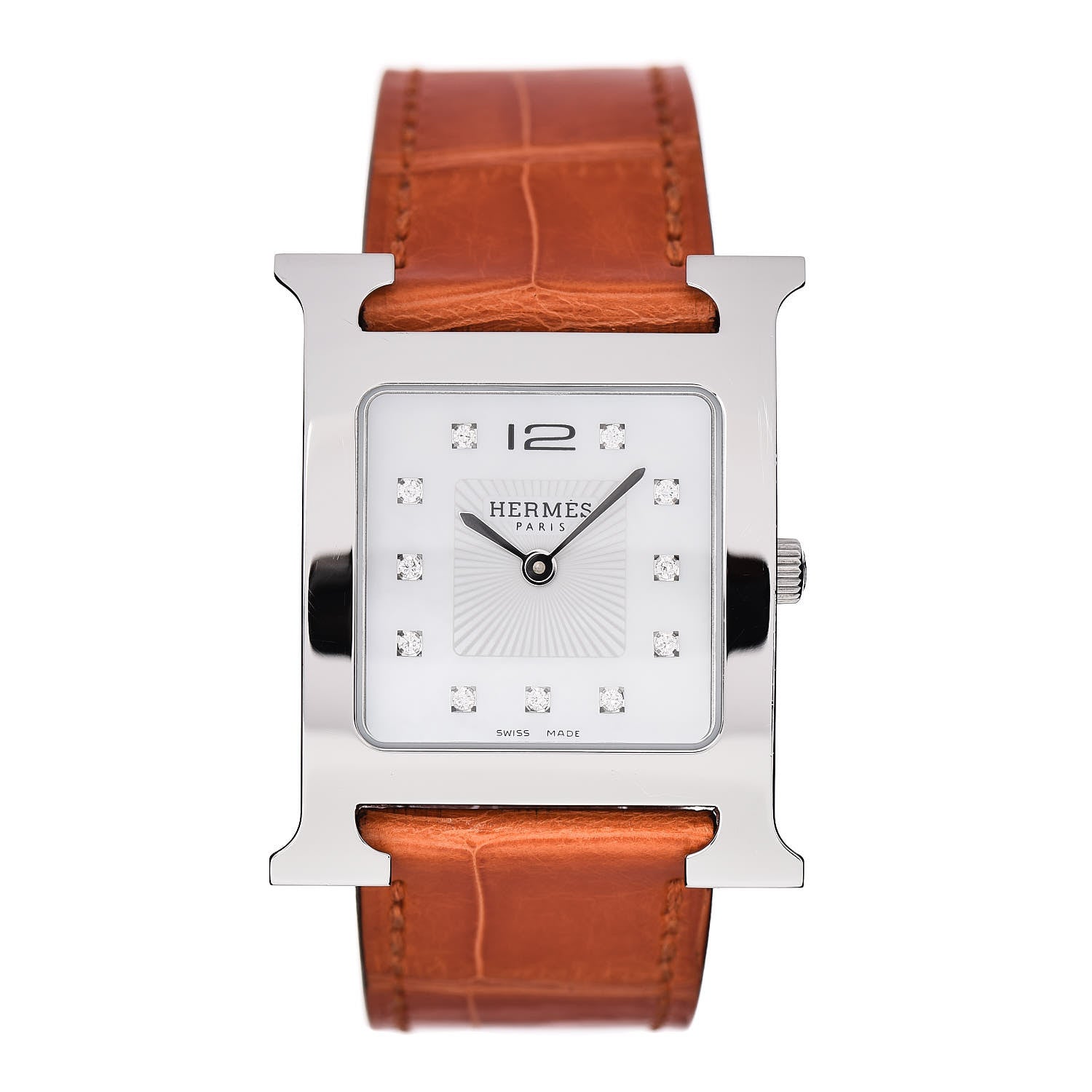 Hermes Stainless Steel Alligator Diamond Mother of Pearl 26mm Heure H Hour Quartz Watch Orange 1 of 5