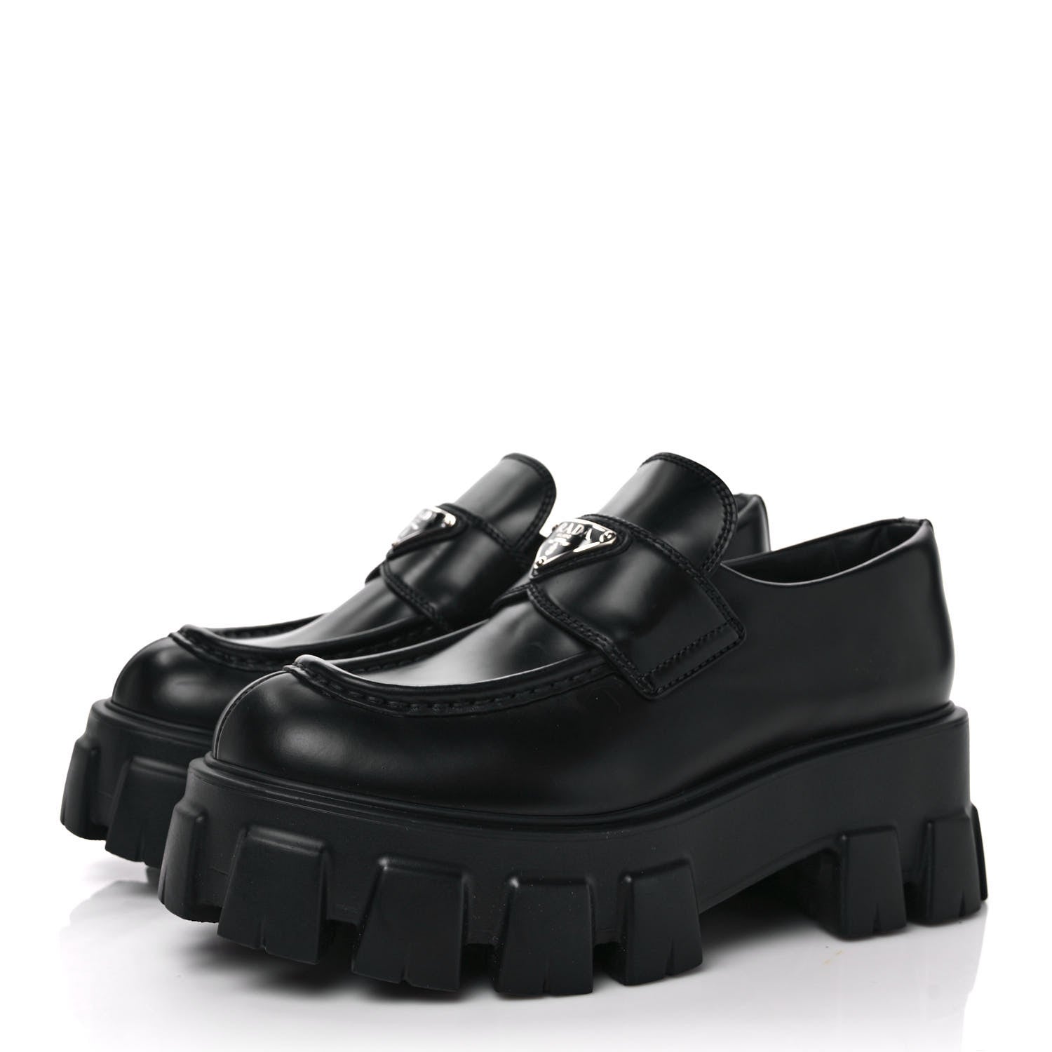 this is an image of a pair of Black PRADA Spazzolato Rois Metal Triangle Logo Monolith Loafers 55mm by FASHIONPHILE