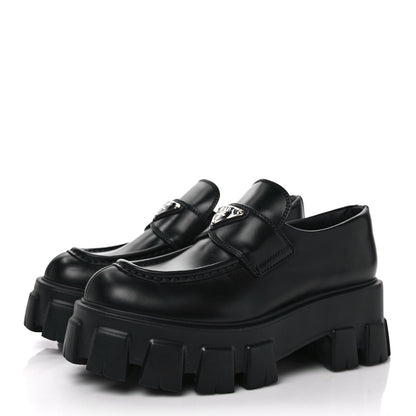 Prada Spazzolato Rois Metal Triangle Logo Monolith 55mm Loafers 37 Black 3 of 9