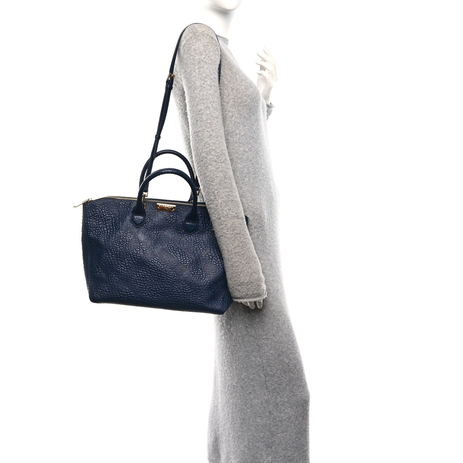 Burberry Heritage Grain Check Embossed Medium Dewsbury Tote Blue Carbon 2 of 9