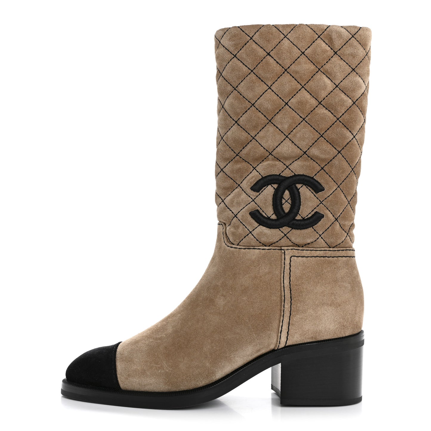 Suede Quilted CC High Boots 38 Dark Beige Black