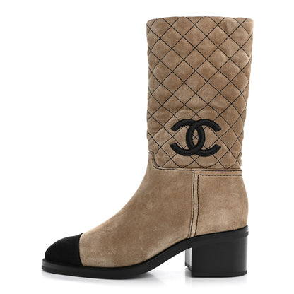 Chanel Suede Quilted CC High Boots 38 Dark Beige Black 1 of 9