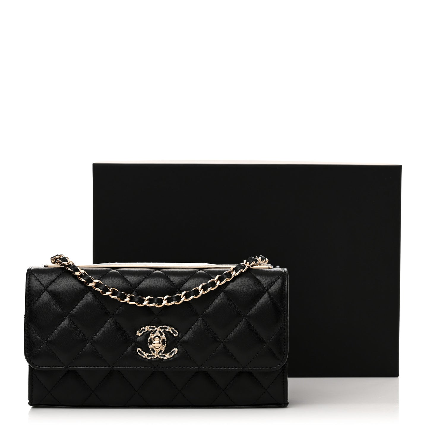 Lambskin Quilted Trendy CC Flap Phone Holder With Chain Black