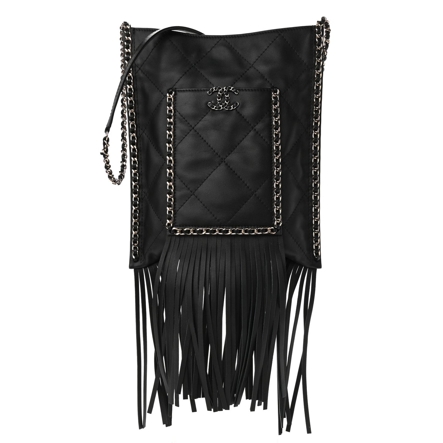 Calfskin Quilted Fringe Small Shopping Bag Black