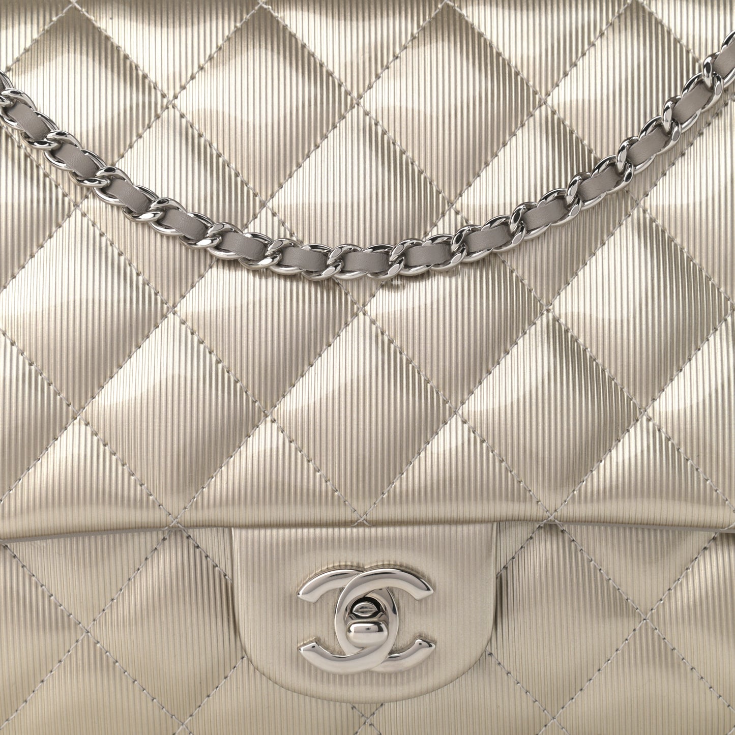 Striated Patent Quilted Clutch With Chain Flap Beige