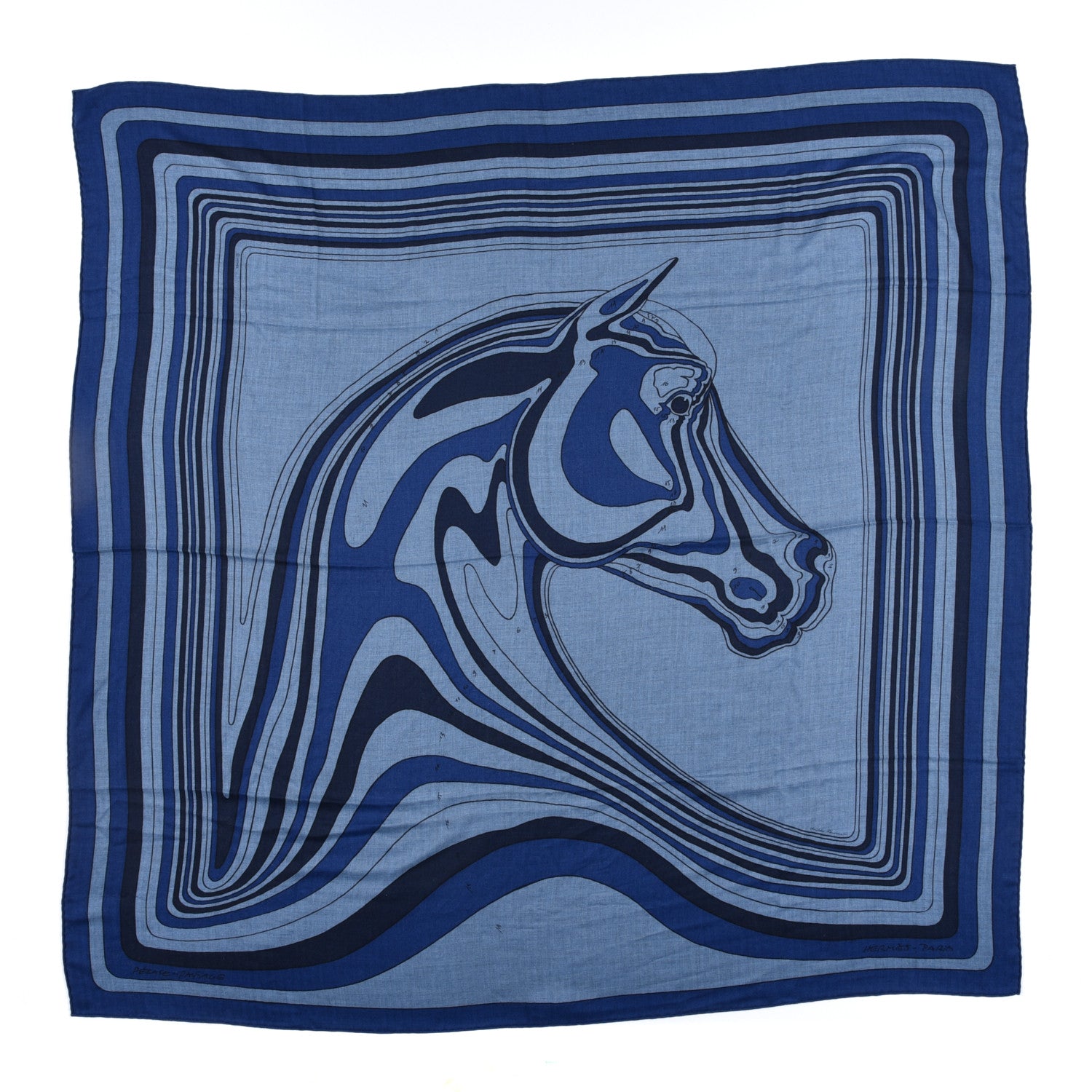 Hermes Cashmere Silk Pegase Paysage Shawl 140 Bleu Chine Marine 1 of 5