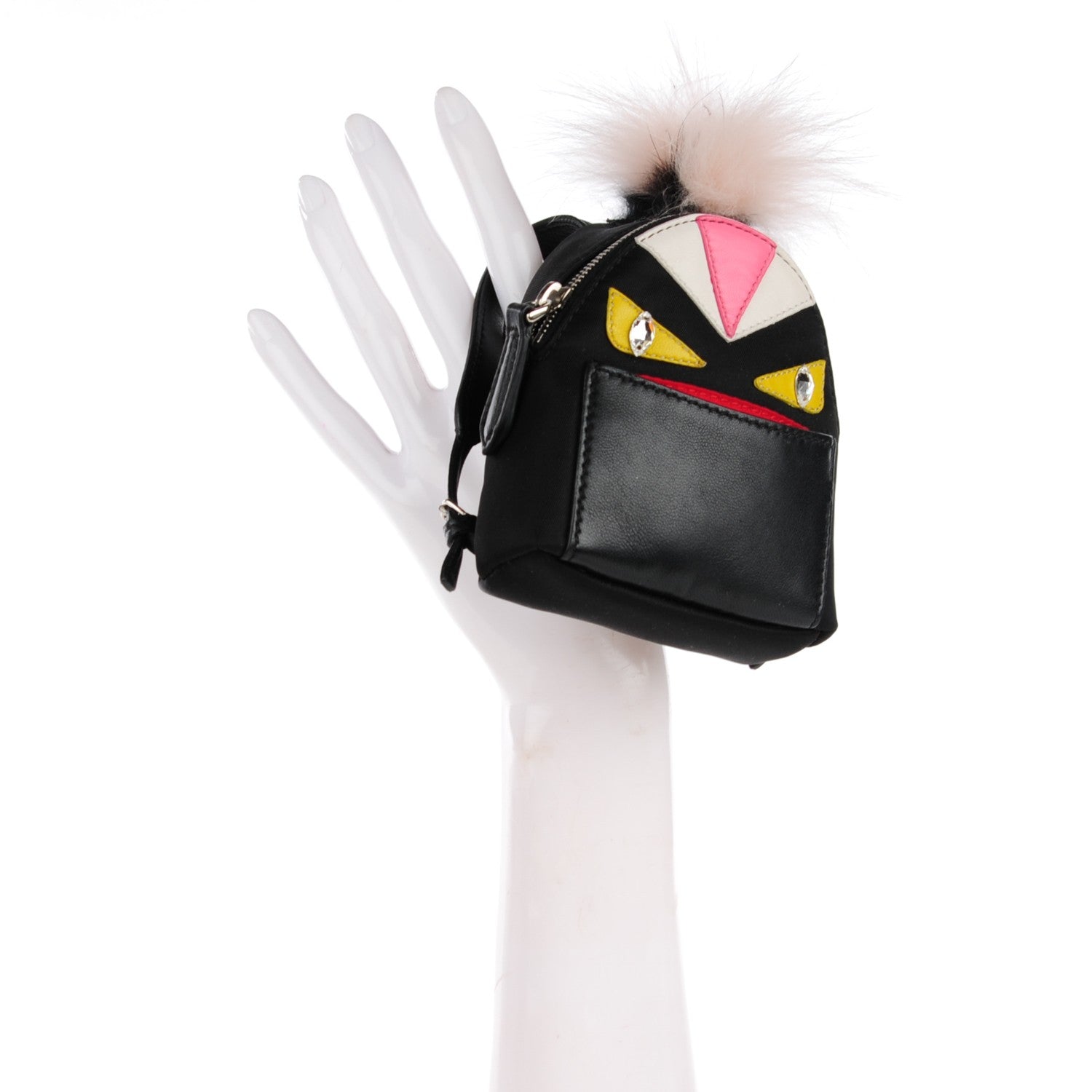 Fendi Nylon Shiny Nappa Nutria Fox Fur Monster Eyes Mini Backpack Charm Black Multicolor 2 of 8