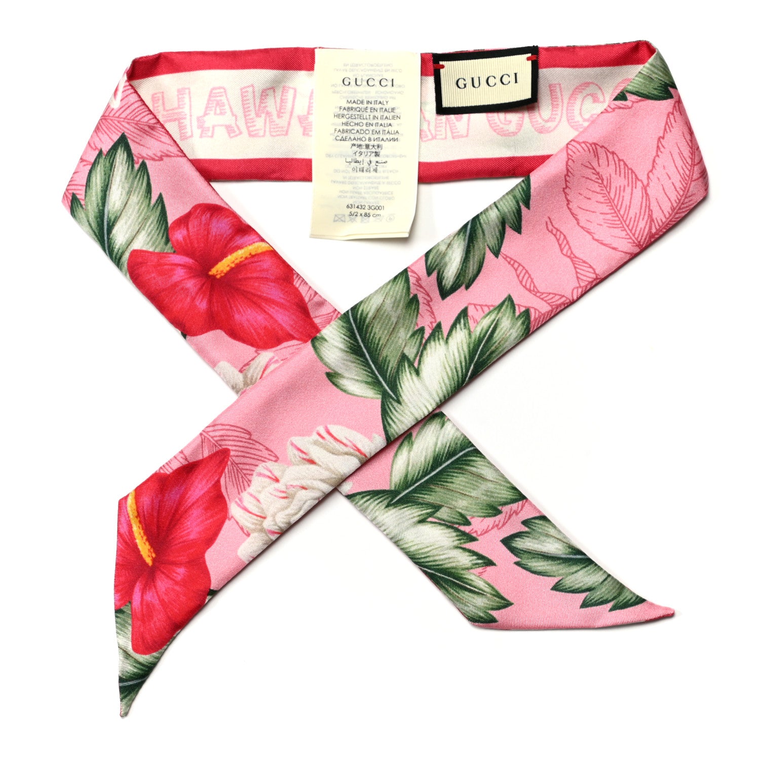 Gucci Silk Hawaiian Print Neck Bow Scarf Pink Green Red 1 of 3
