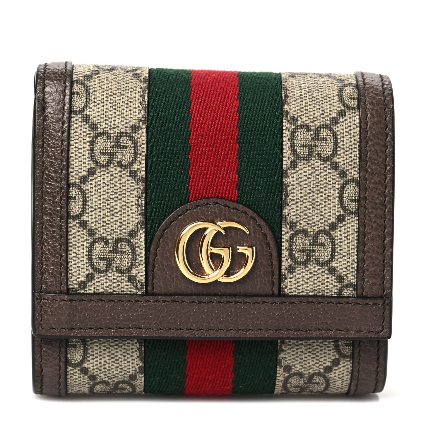 GG Supreme Monogram Textured Calfskin Web Ophidia Card Case Wallet Beige Ebony New Acero