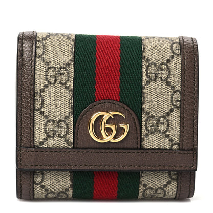 Gucci GG Supreme Monogram Textured Calfskin Web Ophidia Card Case Wallet Beige Ebony New Acero 1 of 5