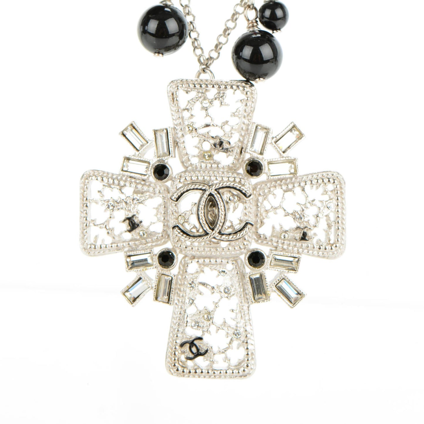 Bead Crystal CC Cross Pendant Necklace Black Silver