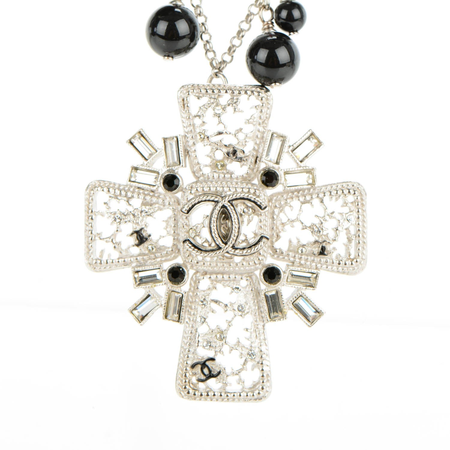 Chanel Bead Crystal CC Cross Pendant Necklace Black Silver 3 of 7