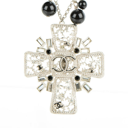 Chanel Bead Crystal CC Cross Pendant Necklace Black Silver 3 of 7