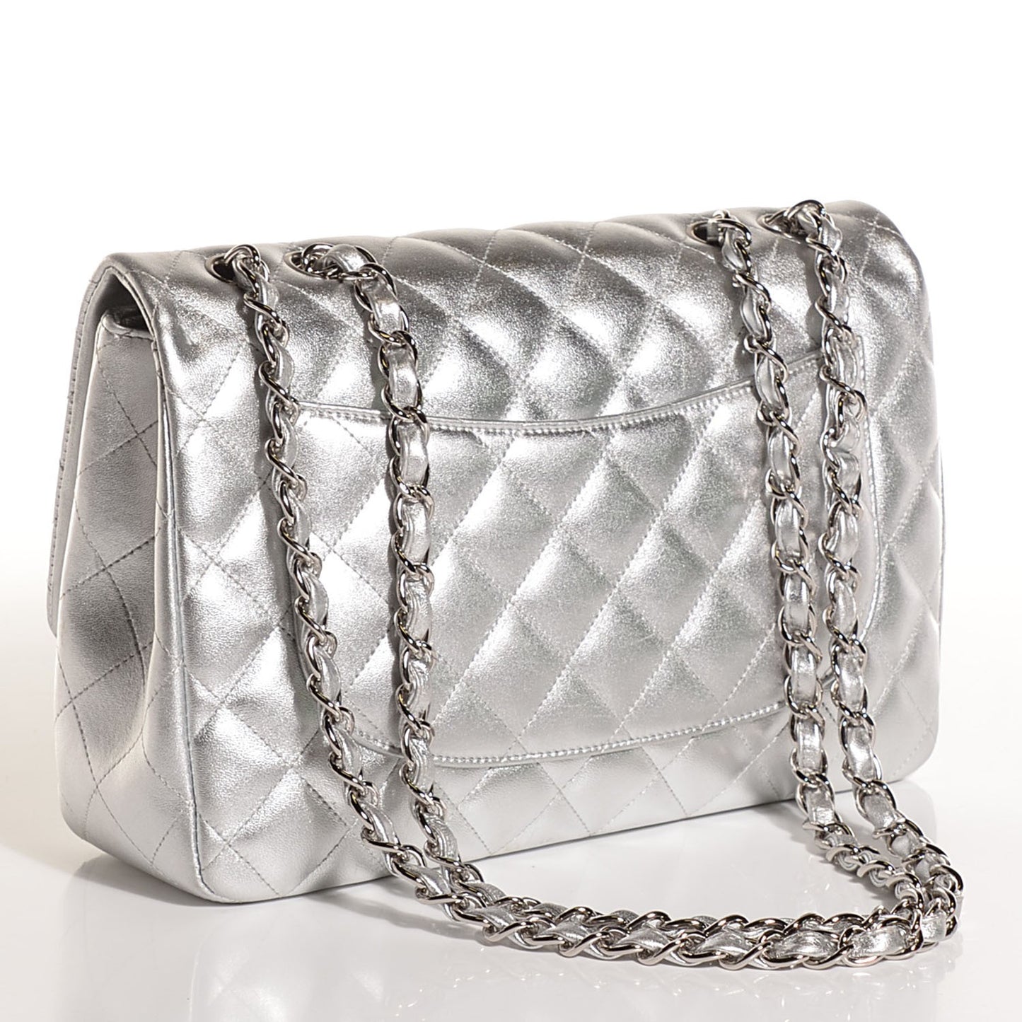 Metallic Lambskin Quilted Jumbo Single Flap Silver
