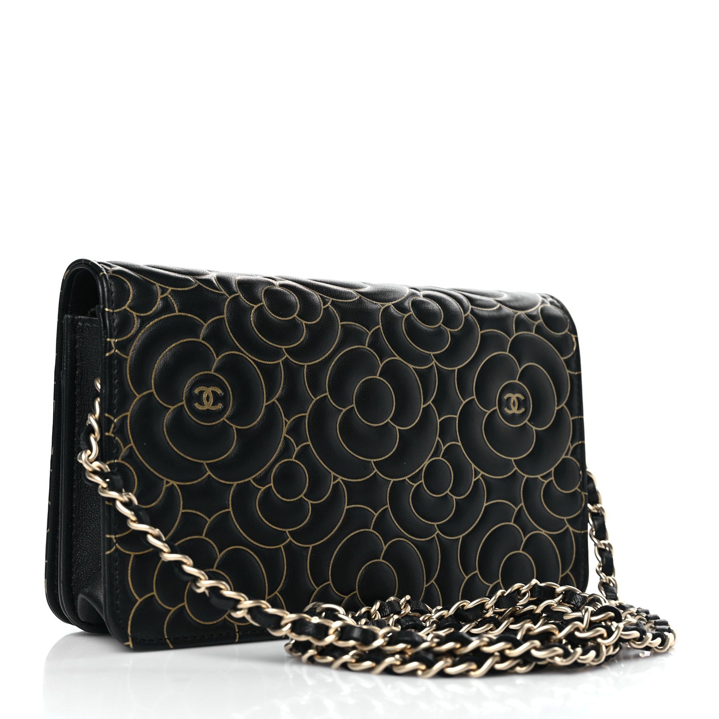 Lambskin Camellia Embossed Wallet On Chain WOC Black Gold